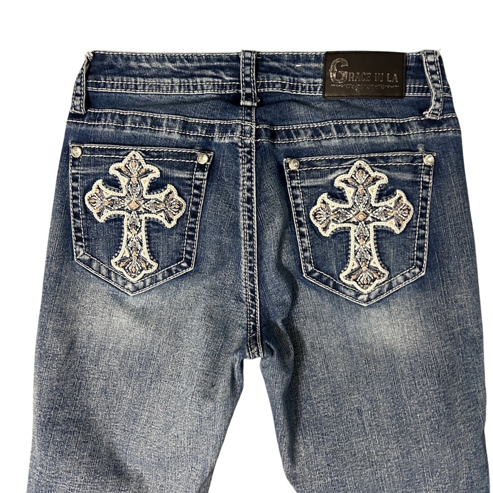Grace in LA Bootcut Jeans Women 5/27 Embellished Cross Pockets Western 27x30